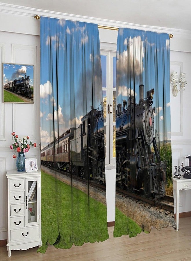 AAVEUP Trains Curtains, Blue Sky Country Field Vintage Black Steam Train Pattern Windows Treatments Rod Pocket Drapes for Kids Boys Juvenile Living Room Bedroom 42x45in（No Blackout） - Image 5